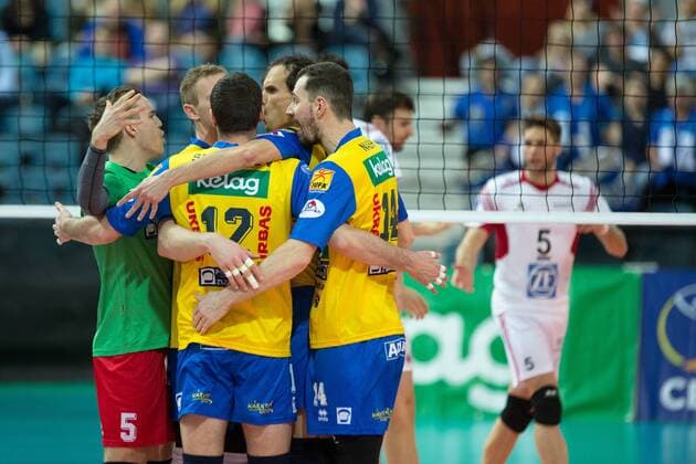 VOLLEYBALL - Aich Dob vs Friedrichshafen KLAGENFURT,AUSTRIA,21.JAN.15 - VOLLEYBALL - CEV, Champions League, SK Aich Dob vs VfB Friedrichshafen. Image shows the rejoicing of Aich Dob.