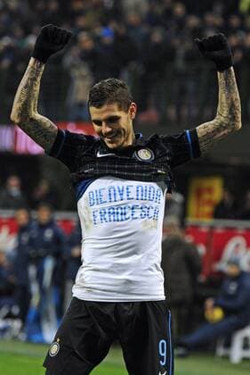 Torjubel Mauro Icardi (Inter) mit Gruß an seine jüngst geborene Tochter Francesca, Mailand 21-01-2015 Stadio Giuseppe Meazza - Football Calcio Coppa Italia Inter Mailand vs Sampdoria Genua - giuseppexceleste