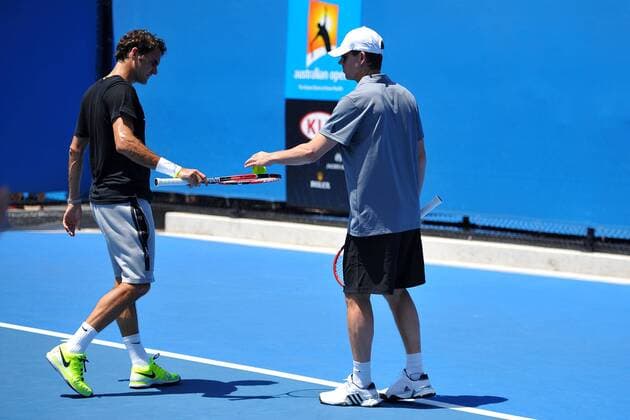 Roger Federer (SUI) Stefan Edberg (SWE) TENNIS : Open d Australie - Melbourne - 22 01 2015 TennisMagazine Panoramlc 