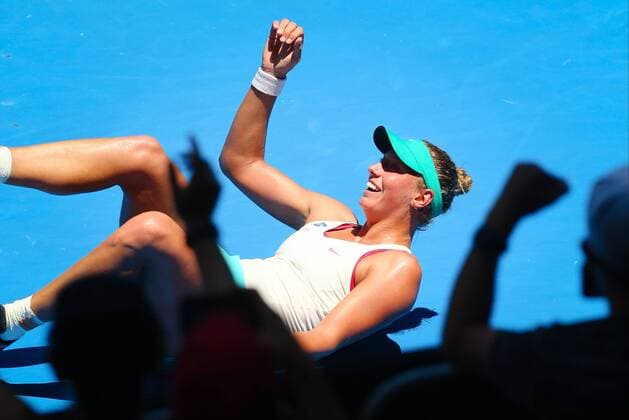- MELBOURNE, AUSTRALIA: Belgian Yanina Wickmayer WTA Tennis Damen 80) celebrates after winning a tennis game in the third round of the women s singles at the Australian Open Grand Slam tournament, Friday 23 January 2015 in Melbourne Park, Melbourne, Australia. PATRICKxHAMILTON  x04552403x
