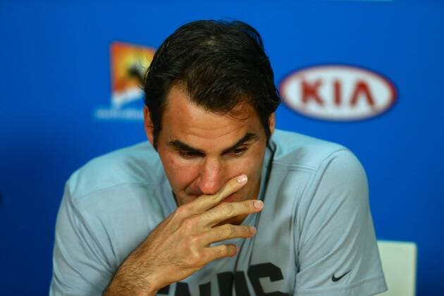 Roger Federer of Switzerland reacts during a press conference PK Pressekonferenz third round match of 2015 Australian Open tennis tournament in Melbourne. 23 January 2015.  20150123_63130