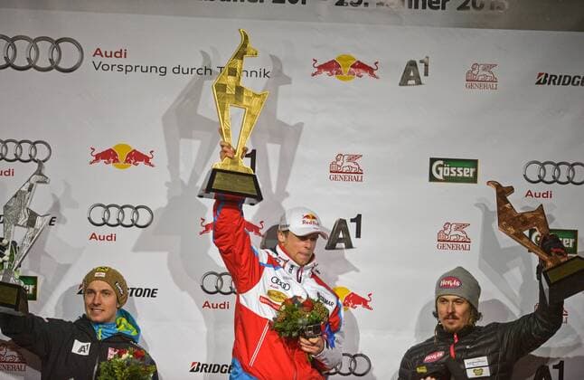 ALPINE SKIING - FIS WC Kitzbuehel KITZBUEHEL,AUSTRIA,23.JAN.15 - ALPINE SKIING - FIS World Cup, Alpine combined, men, award ceremony. Image shows Marcel Hirscher (AUT), Alexis Pinturault (FRA) and Ondrej Bank (CZE). Keywords: trophy.
