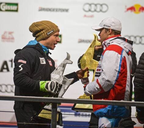 ALPINE SKIING - FIS WC Kitzbuehel KITZBUEHEL,AUSTRIA,23.JAN.15 - ALPINE SKIING - FIS World Cup, Alpine combined, men, award ceremony. Image shows Marcel Hirscher (AUT) and Alexis Pinturault (FRA).