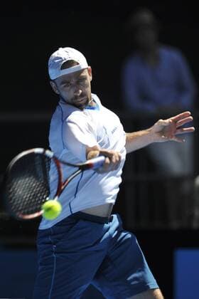 24.01.2015 Australian Open Tennis from Melbourne Park. Benjamin Becker of Germany returns a shot in his match against Milos Raonic of Canada on day six of the 2015 Australian Open at Melbourne Park, Melbourne, Australia. xEssixLimx  ActionPlus11591817