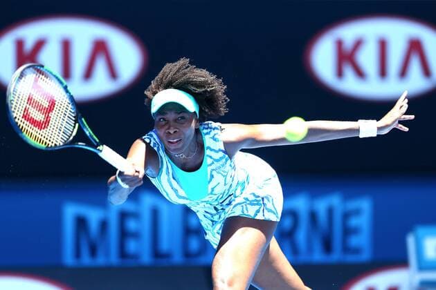 MELBOURNE, AUSTRALIA - JANUARY 24: (CHINA OUT) Venus Williams of the United States plays a backhand in her third round match against Camila Giorgi of Italy during day six of the 2015 Australian Open at Melbourne Park on January 24, 2015 in Melbourne, Australia.  CFP462231920 