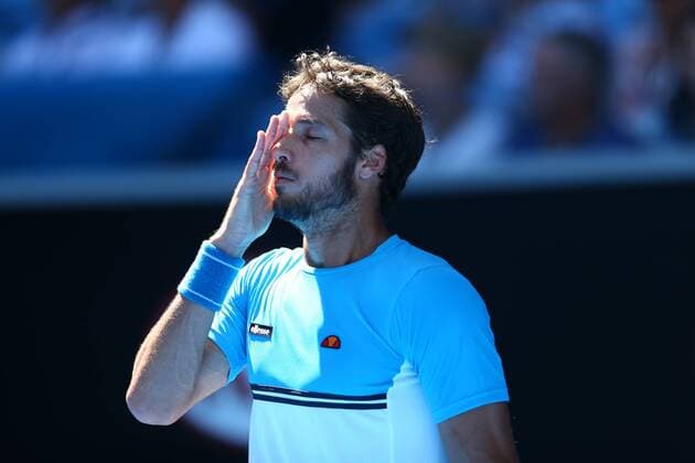 MELBOURNE, AUSTRALIA - JANUARY 24: (CHINA OUT) Feliciano Lopez of Spain in action in his third round match against Jerzy Janowicz of Poland during day six of the 2015 Australian Open at Melbourne Park on January 24, 2015 in Melbourne, Australia.  CFP462231963 