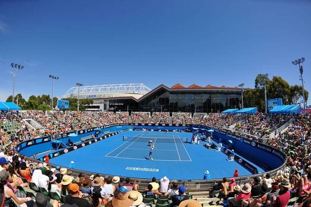 Margaret Court Arena with the Rod Laver Arena behind TENNIS : Australian Open - Melbourne - 24 01 2015 TennisMagazine Panoramlc 