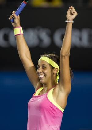 (150124) -- MELBOURNE, Jan. 24, 2015 -- Madison Keys of the U.S. celebrates after winning the women s singles third round match at the 2015 Australian Open tennis tournament at Melbourne Park in Melbourne, Australia, Jan. 24, 2015. (SP)AUSTRALIA-MELBOURNE-TENNIS-MADISON KEYS BaixXue 
