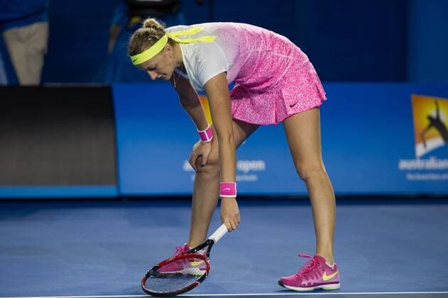 (150124) -- MELBOURNE, Jan. 24, 2015 -- Petra Kvitova of the Czech Republic reacts during the women s singles third round match at the 2015 Australian Open tennis tournament at Melbourne Park in Melbourne, Australia, Jan. 24, 2015. (SP)AUSTRALIA-MELBOURNE-TENNIS-KVITOVA BaixXue 