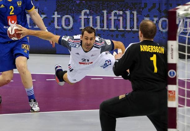 HANDBALL - IHF WC Qatar 2015 DOHA,QATAR,24.JAN.15 - HANDBALL - IHF World Championship WM Weltmeisterschaft France vs Sweden. Image shows Michael Guigou (FRA).