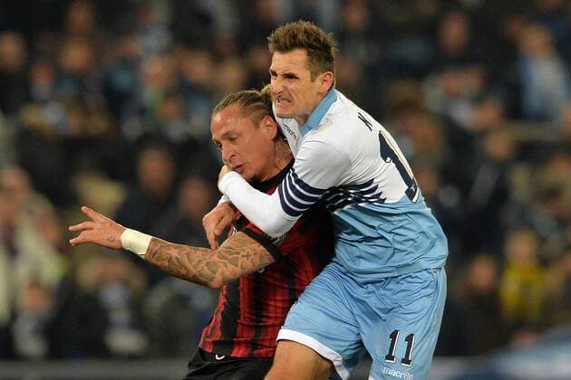 Miroslav Klose Lazio, Philippe Mexes Milan. Roma 24-01-2015 Stadio Olimpico. Football Calcio 2014 2015 Serie A. Lazio - Milan. Foto Antonietta Baldassarre Insidefoto AntoniettaxBaldassarre