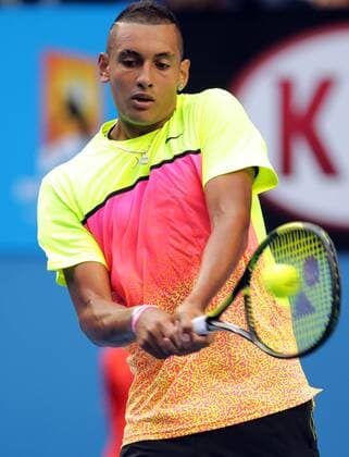 -- MELBOURNE, Jan. 25, 2015 -- Nick Kyrgios of Australia returns a shot during his men s singles fourth round match on day seven of 2015 Australian Open tennis tournament at Melbourne Park in Melbourne, Australia, Jan. 25, 2015. JinxLinpeng 