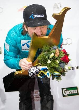 24.01.2015, Zielhaus, Kitzbuehel, AUT, FIS Ski Weltcup, Abfahrt, Herren, Siegerehrung, im Bild Kjetil Jansrud (NOR, 1. Platz) 1st placed Kjetil Jansrud of Norway celebrates on podium during the award ceremony for the men s downhill of Kitzbuehel FIS Ski Alpine World Cup at the Zielhaus in Kitzbuehel, Austria on 2015 01 24. EX_GRO