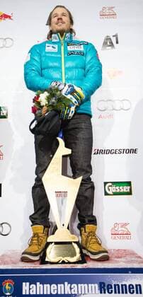 24.01.2015, Zielhaus, Kitzbuehel, AUT, FIS Ski Weltcup, Abfahrt, Herren, Siegerehrung, im Bild Kjetil Jansrud (NOR, 1. Platz) 1st placed Kjetil Jansrud of Norway celebrates on podium during the award ceremony for the men s downhill of Kitzbuehel FIS Ski Alpine World Cup at the Zielhaus in Kitzbuehel, Austria on 2015 01 24. EX_GRO
