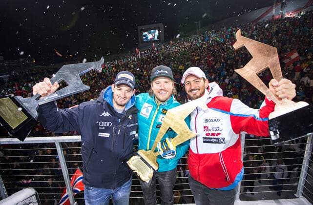 24.01.2015, Zielhaus, Kitzbuehel, AUT, FIS Ski Weltcup, Abfahrt, Herren, Siegerehrung, im Bild v.l. Guillermo Fayed (FRA, 3. Platz), Kjetil Jansrud (NOR, 1. Platz), Dominik Paris (ITA, 2. Platz) 3rd placed Guillermo Fayed of France, 1st placed Kjetil Jansrud of Norway, 2nd placed Dominik Paris of Italy celebrates on podium during the award ceremony for the men s downhill of Kitzbuehel FIS Ski Alpine World Cup at the Zielhaus in Kitzbuehel, Austria on 2015 01 24. EX_GRO