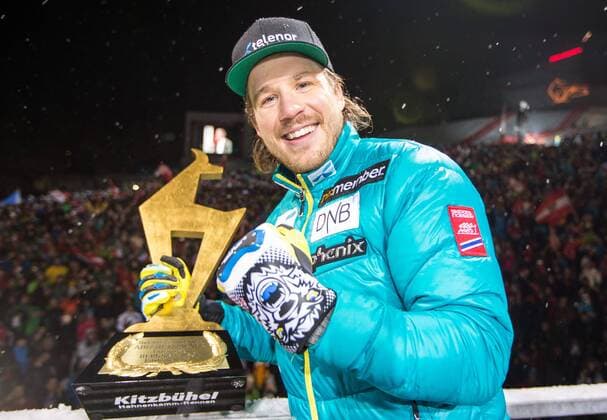 24.01.2015, Zielhaus, Kitzbuehel, AUT, FIS Ski Weltcup, Abfahrt, Herren, Siegerehrung, im Bild Kjetil Jansrud (NOR, 1. Platz) 1st placed Kjetil Jansrud of Norway celebrates on podium during the award ceremony for the men s downhill of Kitzbuehel FIS Ski Alpine World Cup at the Zielhaus in Kitzbuehel, Austria on 2015 01 24. EX_GRO
