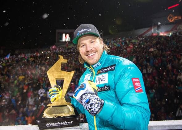 24.01.2015, Zielhaus, Kitzbuehel, AUT, FIS Ski Weltcup, Abfahrt, Herren, Siegerehrung, im Bild Kjetil Jansrud (NOR, 1. Platz) 1st placed Kjetil Jansrud of Norway celebrates on podium during the award ceremony for the men s downhill of Kitzbuehel FIS Ski Alpine World Cup at the Zielhaus in Kitzbuehel, Austria on 2015 01 24. EX_GRO