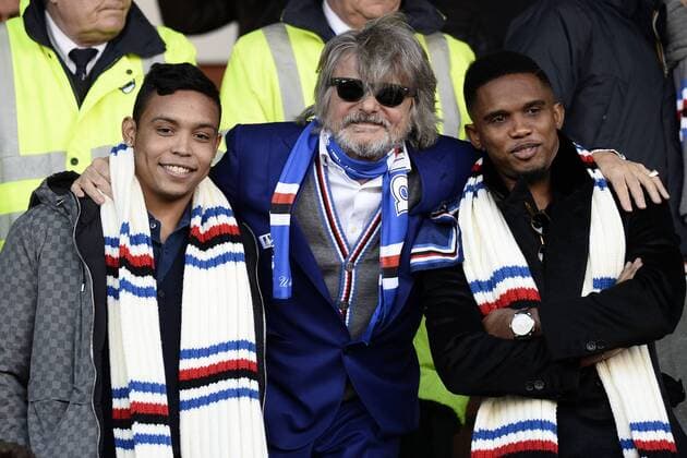 Db Genova 25 01 2015 - campionato di calcio serie A Sampdoria Genua vs US Palermo: Massimo Ferrero-Samuel Eto o-Luis Muriel 