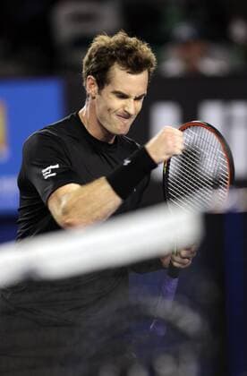 (150125) -- MELBOURNE, Jan. 25, 2015 -- Andrew - Andy - Murray of Britain celebrates during his men s singles fourth round match on day seven of 2015 Australian Open tennis tournament at Melbourne Park in Melbourne, Australia, Jan. 25, 2015. JinxLinpeng 