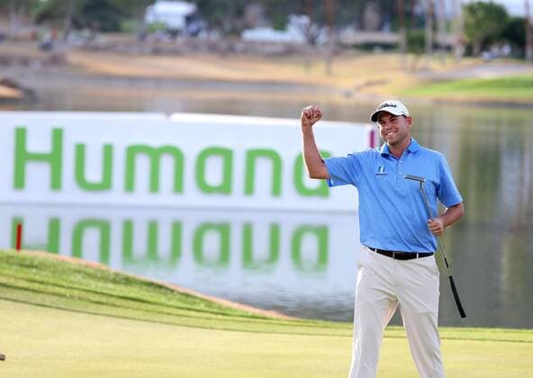January 25, 2015 Bill Haas celebrates after winning on the 18th hole during the final round of the Humana Challenge in partnership with The Clinton Foundation on the Arnold Palmer Private Course at PGA Golf Herren West in La Quinta, California. .CharlesxBaus CSM PGA GOLF 2015: Humana Challenge - Final Round JAN 25 - ZUMAcb8_