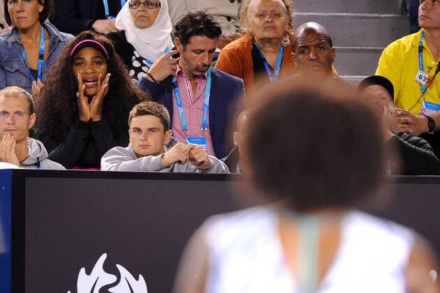 Venus Williams (USA) Serena Williams (USA) Patrick Mouratoglou (FRA) TENNIS : Australian Open- Melbourne - 26 01 2015 TennisMagazine 
