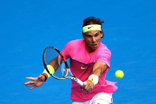 MELBOURNE, AUSTRALIA - JANUARY 27: Rafael Nadal of Spain returns a shot during day nine of the 2015 Australian Open at Melbourne Park on January 27, 2015 in Melbourne, Australia.  CFP462369583 