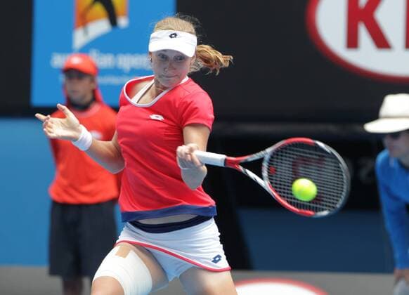 Ekaterina Makarova of Russia returns a shot in the women s singles quarterfinal match of the 2015 Australian Open tennis tournament in Melbourne, Victoria, Australia, 27 January 2015.  20150127_06081