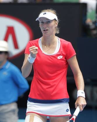 Ekaterina Makarova of Russia reacts after scoring in the women s singles quarterfinal match of the 2015 Australian Open tennis tournament in Melbourne, Victoria, Australia, 27 January 2015.  20150127_25816