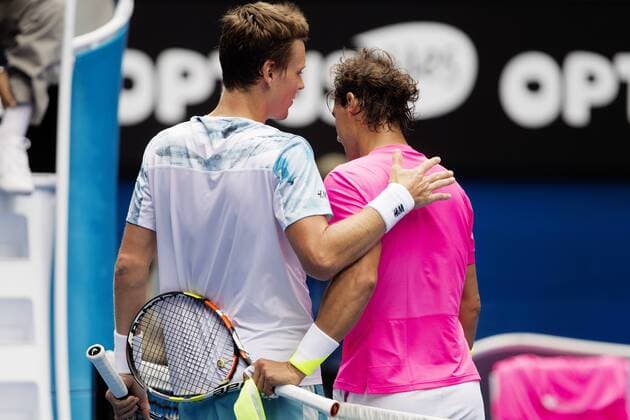 TENNIS - ATP Tennis Herren Australian Open 2015 MELBOURNE,AUSTRALIA,27.JAN.15 - TENNIS - ATP World Tour, Grand Slam, Australian Open. Image shows Tomas Berdych (CZE) and Rafael Nadal (ESP).