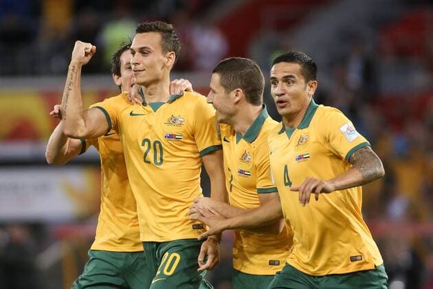 NEWCASTLE, AUSTRALIA - JANUARY 27: (CHINA OUT) Trent Sainsbury 20 of Australia celebrates with team mates after scoring a goal during the Asian Cup Semi Final match between the Australian Socceroos and the United Arab Emirates at Hunter Stadium on January 27, 2015 in Newcastle, Australia.  CFP462376594 