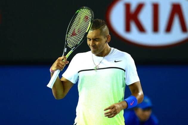 MELBOURNE, AUSTRALIA - JANUARY 27: (CHINA OUT) Nick Kyrgios of Australia reacts in his quarterfinal match during day nine of the 2015 Australian Open at Melbourne Park on January 27, 2015 in Melbourne, Australia.  CFP462380675 