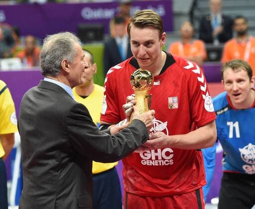Handball Weltmeisterschaft 2015 Qatar - Doha Weißrussland vs. Tschechien, IHF Praesident Hassan Moustafa, Filip Jicha