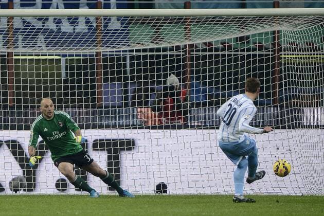 Aktuell Fußball, Italien, Coppa Italia, AC Mailand - Lazio Rom Gol di Lucas Biglia Lazio 0-1 Rigore. Celebration goal Penalty Coppa Italia AC Milan - Lazio Rom giuseppexceleste