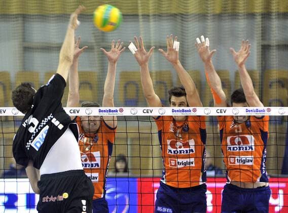 2015 CEV DenizBank Volleyball Champions League, ACH Volley Ljubljana - Berlin Recycling Volleys 27.01.2015., Ljubljana, Slovenia - 2015 CEV DenizBank Volleyball Champions League, pool C, 6th Leg, ACH Volley Ljubljana - Berlin Recycling Volleys. Robert Kromm, Michal Kozlowski, Jan Kozamernik, Nathan Roberts.  BorutxZivulovic FAxBobo PIXSELL