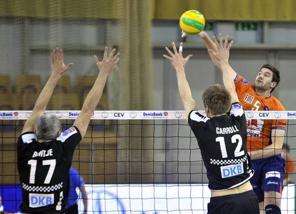 2015 CEV DenizBank Volleyball Champions League, ACH Volley Ljubljana - Berlin Recycling Volleys 27.01.2015., Ljubljana, Slovenia - 2015 CEV DenizBank Volleyball Champions League, pool C, 6th Leg, ACH Volley Ljubljana - Berlin Recycling Volleys. Nathan Roberts, Rob Bontje,Paul Carroll.  BorutxZivulovic FAxBobo PIXSELL