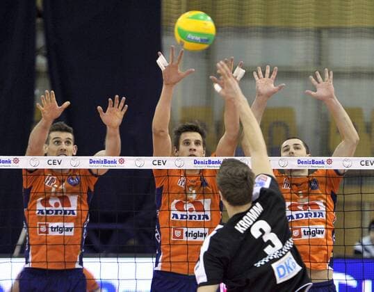 2015 CEV DenizBank Volleyball Champions League, ACH Volley Ljubljana - Berlin Recycling Volleys 27.01.2015., Ljubljana, Slovenia - 2015 CEV DenizBank Volleyball Champions League, pool C, 6th Leg, ACH Volley Ljubljana - Berlin Recycling Volleys. Eric Mochalski, Jan Kozamernik, Andrej Flajs, Robert Kromm.  BorutxZivulovic FAxBobo PIXSELL