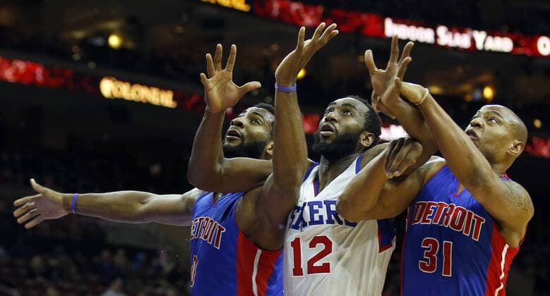 Jan. 28, 2015 - Philadelphia, PA, USA - The Philadelphia 76ers Luc Mbah a Moute (12) is tied up against the Detroit Pistons Andre Drummond, left, and Caron Butler (31) during the second quarter on Wednesday, Jan. 28, 2015, at the Wells Fargo Center in Philadelphia. Detroit at Philadelphia - ZUMAm67_