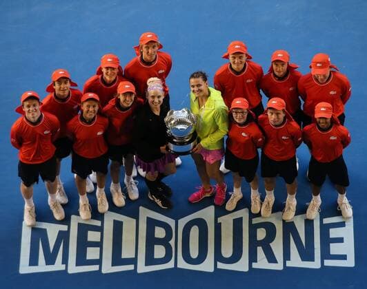 (150130) -- MELBOURNE, Jan. 30, 2015 -- Bethanie Mattek-Sands (L) of the U.S.and Lucie Safarova of the Czech Republic celebrate after winning their women s doubles final at the 2015 Australian Open tennis tournament at Melbourne Park in Melbourne, Australia, Jan. 30, 2015. WOMEN S DOUBLES FINAL XuxYanyan 
