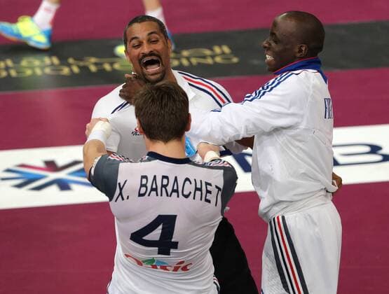 HANDBALL - IHF WC Qatar 2015 DOHA,QATAR,30.JAN.15 - HANDBALL - IHF World Championship WM Weltmeisterschaft Spain vs France. Image shows the rejoicing of Xavier Barachet.