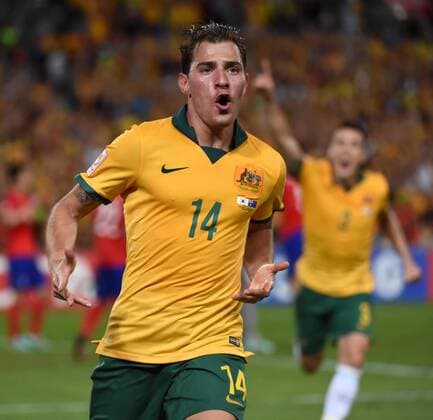 (150131) -- SYDNEY, Jan. 31, 2015 -- Australia s James Troisi celebrates after scoring in the extra time during the final match against South Korea at the 2015 AFC Asian Cup in Sydney, Australia, Jan. 31, 2015. ) (SP)AUSTRALIA-SYDNEY-SOCCER-AFC ASIAN CUP-FINAL GuoxYong 