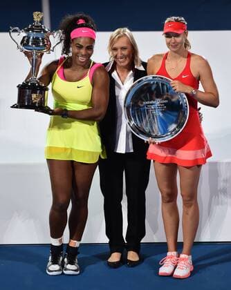 Jan. 31, 2015 - Melbourne, VICTORIA, AUSTRALIA - United States Serena Williams (L), Marina Navratilova (C) and Russia s Maria Sharapova (R) pose for a photo after their women s final match on day 13 of the Australian Open tennis on Rod Laver Arena in Melbourne, Australia Tennis 2015 - Australian Open - - ZUMAk106