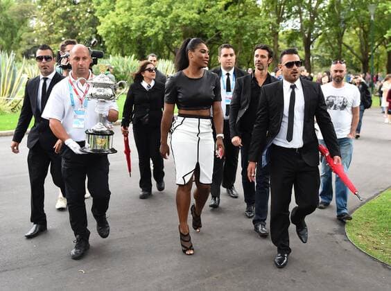 Feb. 1, 2015 - Melbourne, VICTORIA, AUSTRALIA - Serena Williams of the United States leaves the post match trophy shoot on day 14 of the Australian Open tennis at the Exhibition Buildings in Melbourne, Australia Tennis 2015 - Australian Open - Day 14 - ZUMAk106