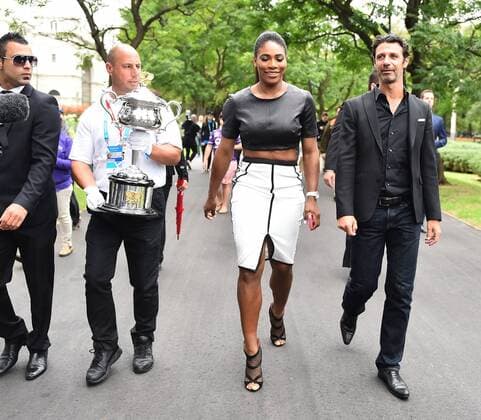 Feb. 1, 2015 - Melbourne, VICTORIA, AUSTRALIA - Serena Williams of the United States leaves the post match trophy shoot on day 14 of the Australian Open tennis at the Exhibition Buildings in Melbourne, Australia Tennis 2015 - Australian Open - Day 14 - ZUMAk106