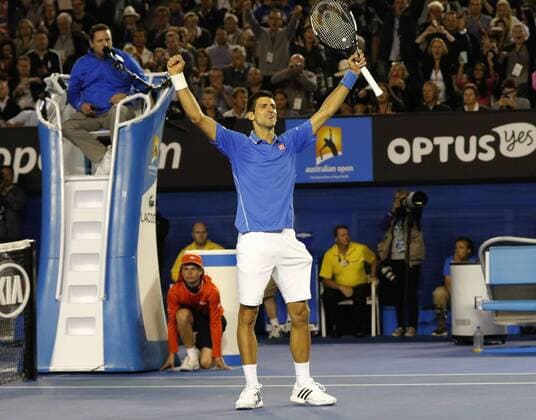 (150201) -- MELBOURNE, Feb. 1, 2015 -- Novak Djokovic of Serbia celebrates his victory after his men s singles final match at 2015 Australian Open tennis tournament at Melbourne Park in Melbourne, Australia on Feb. 1, 2015. XuxYanyan 