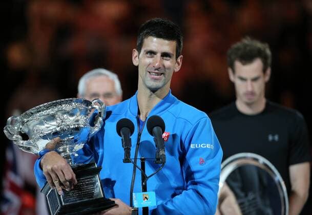 (150201) -- MELBOURNE, Feb. 1, 2015 -- Novak Djokovic of Serbia speaks during the presentation ceremony after winning his men s singles final match at 2015 Australian Open tennis tournament at Melbourne Park in Melbourne, Australia on Feb. 1, 2015. XuxYanyan 