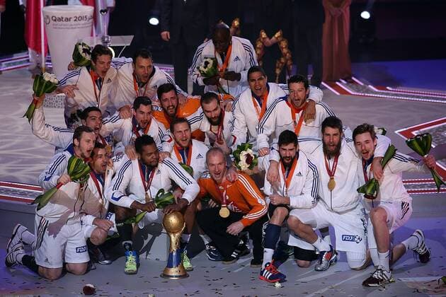 French for the fifth time won the title of world handball champions 01.02.2015., Lusail Multipurpose Hall, Lusail, Doha - 24th World Handball Championship. French for the fifth time won the title of world champion in handball. Front L-R: Valentin Porte, Michael Guigou, Cedric Sorhaindo, Thierry Omeyer, Nikola Karabatic, Luka Karabatic, Xavier Barachet; middle: Mathieu Grebille, Samuel Honrubia, William Accambray, Igor Anic, Daniel Narcisse, Guillaume Joli; back: Kentin Mahe, Jerome Fernandez, Cyril Dumoulin, Kevynn Nyokas. GoranxStanzl PIXSELL