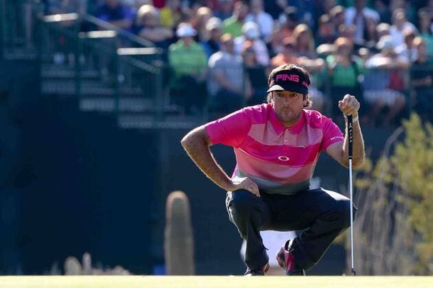 Feb. 1, 2015 - Scottsdale, Arizona, United States - Bubba Watson lines up a putt on the 16th green during the final round of the Waste Management Phoenix Open at TPC at Scottsdale. PGA Golf Herren Golf 2015 - Waste Management Phoenix Open - Final Round - ZUMAw109