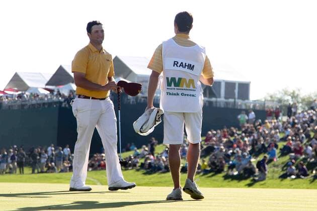 Feb. 1, 2015 - Scottsdale, Arizona, United States - Jon Rahm (L) smiles after putting the 18th green during the final round of the Waste Management Phoenix Open at TPC at Scottsdale. PGA Golf Herren Golf 2015 - Waste Management Phoenix Open - Final Round - ZUMAw109