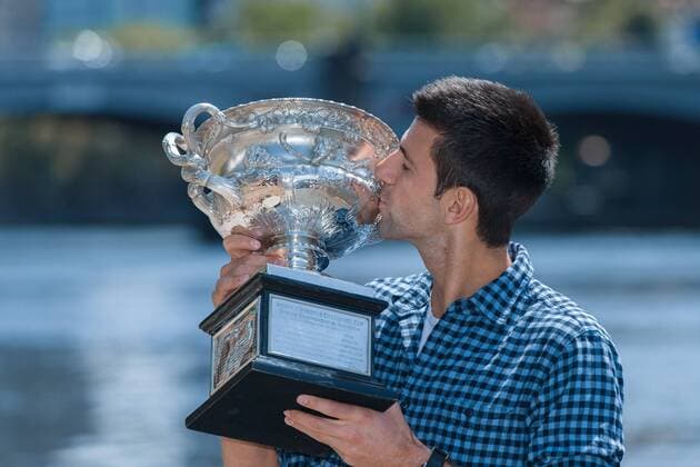 February 1, 2015: Novak Djokovic at his trophy photo session on the banks of the Yarra River in Melbourne after winning the 2015 Australian Open grand slam tennis tournament at Melbourne Park in Melbourne, Australia. Sydney Low Cal Media. Djokovic won 7-6(5) 6-7(4) 6-3 6-0 Tennis 2015: Australian Open Trophy Photo FEB 2 - ZUMAc04_