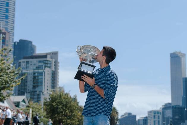 February 1, 2015: Novak Djokovic at his trophy photo session on the banks of the Yarra River in Melbourne after winning the 2015 Australian Open grand slam tennis tournament at Melbourne Park in Melbourne, Australia. Sydney Low Cal Media. Djokovic won 7-6(5) 6-7(4) 6-3 6-0 Tennis 2015: Australian Open Trophy Photo FEB 2 - ZUMAc04_